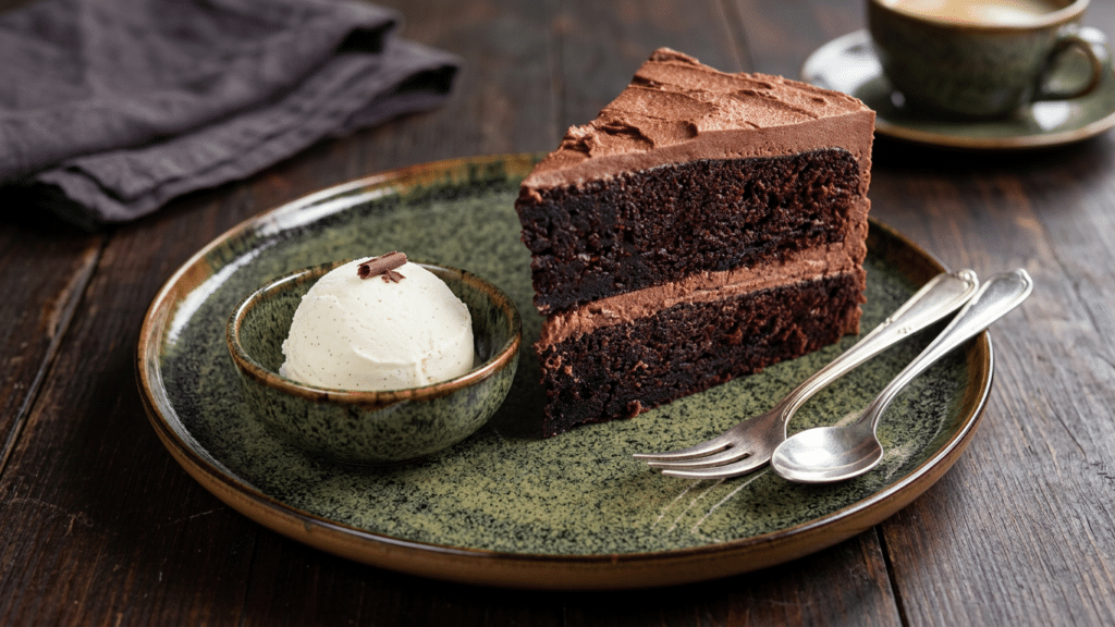 Hjemmelavet chokoladekage med chokoladecreme og vaniljeis serveret hos Hos Mormor Café & Is i Randers C.